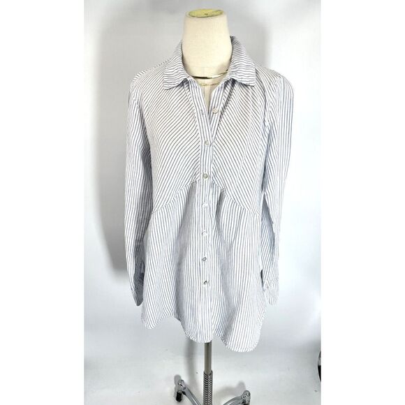 Cut Loose Pin Striped Linen Tunic Top Medium Long Sleeve Coastal Nautical - Picture 1 of 11